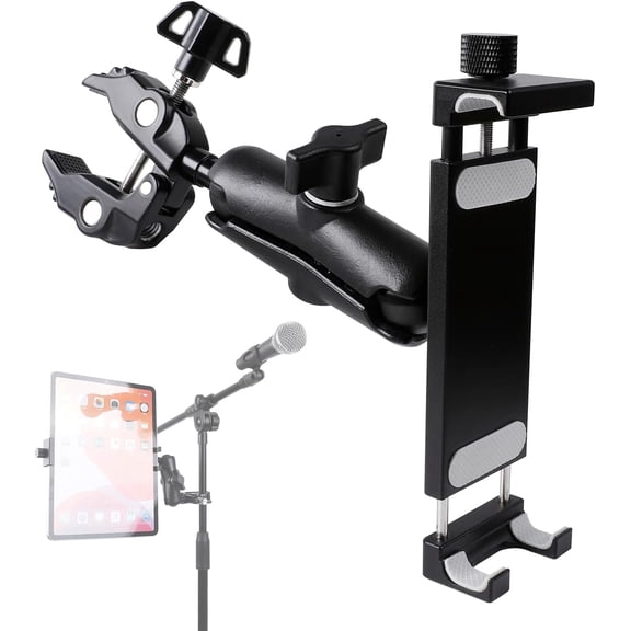 Aluminum Tablet Holder for Mic Stand, Side Mount All iPad, 360 Rotatable With Super Clamp Compatible iPad Pro 12.9, Air, Mini, Galaxy Tabs, 4.7-15" Tablets