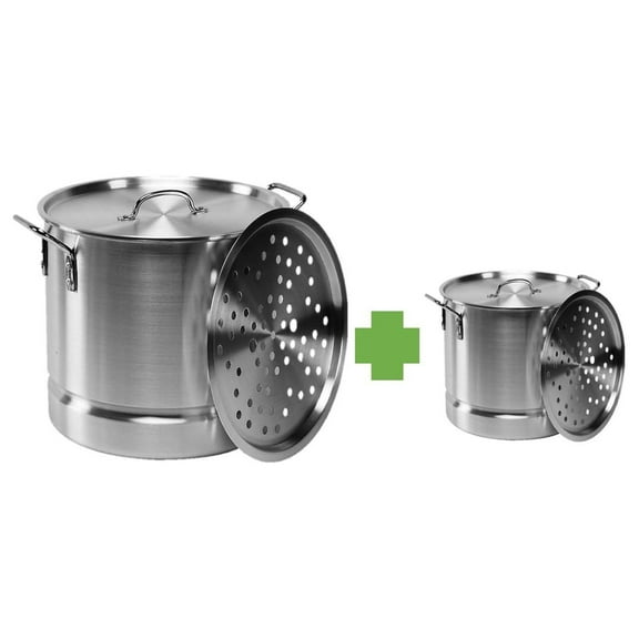 Aluminum Tamale/Steamer Set - 52 quart + 20 quart with steamer insert and lids.