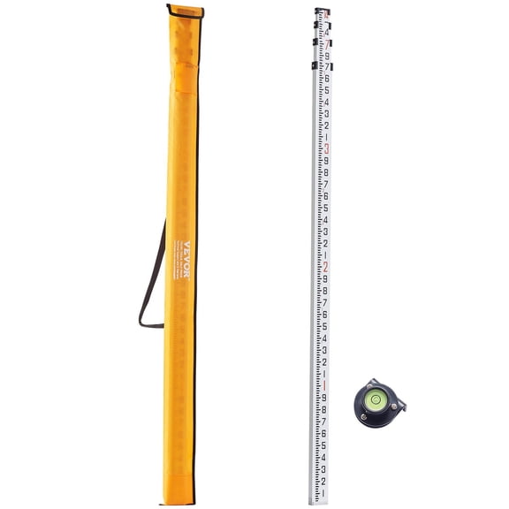 Aluminum Telescopic Leveling Rod, 14ft 6-Section Survey Stick, Double-Sided 1/10ft Scale, w/Bubble Level & Case - for Floor, Wall, House Measurement (Carrying Bag Included)