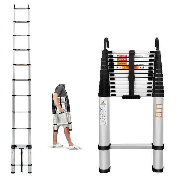 Aluminum Telescoping Ladder with 2 Hooks, 16.4ft Folding Ladder 12 Steps Folded Size 3.1ft, Easy to Store, Multi-Purpose Ladder 330lbs Load Capacity, Portable Ladder Attic Ladder for Home