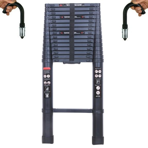 Aluminum Telescoping Ladder 20.3ft Black Extension DIY Home RV Ladders with Detachable Safety Hooks 330lb Max Load Capacity EN131 Standard, Folded Height 3.6ft Portable Compact Ladder