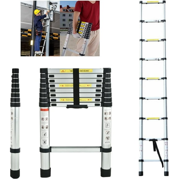 Aluminum Telescoping Ladder - 8FT Extension, Collapsible with Locking Mechanism, 330 Pound Capacity
