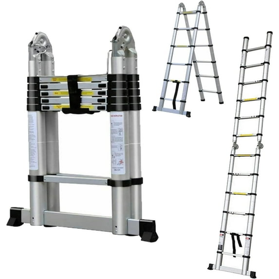 Aluminum Telescoping Ladder A-Frame 2 in 1 Versatility Ladder - As 6 FT Herringbone Ladder or 12FT Standard Type Ladder, Multi-Purpose Folding Ladders for Home, Roof, Rv, with Ladder Stabilizer Bar