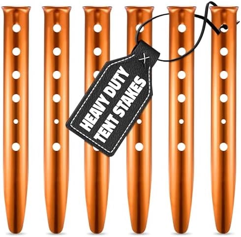 Aluminum Tent Stakes 6-Pack - 12.6 in Sand Stakes for Tents, U-Shaped High-Visibility Orange Tent Stake Set, Rust-Resistant Stakes for Tent Camping, Canopies on Soft Ground, Sand, Beach & Summer