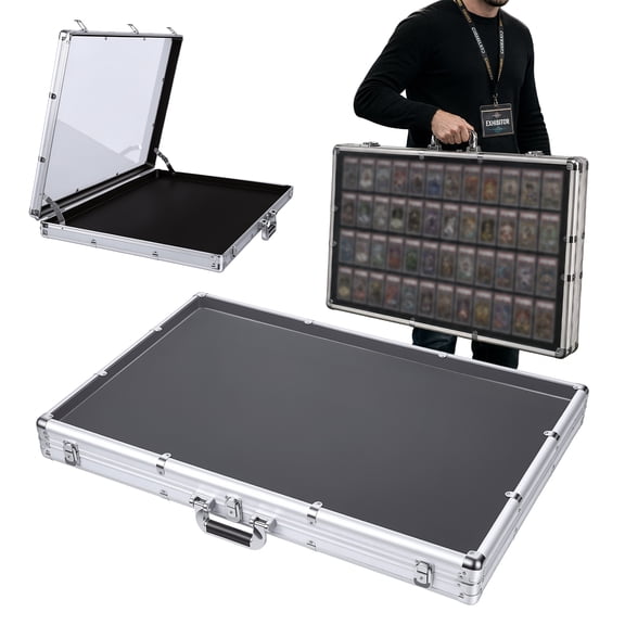 Aluminum Trading Card Display Case with Key Lock, Thick Acrylic Top Card Case for Sports Cards Jewelry Coins, Portable Trade Show with Handle-Silver
