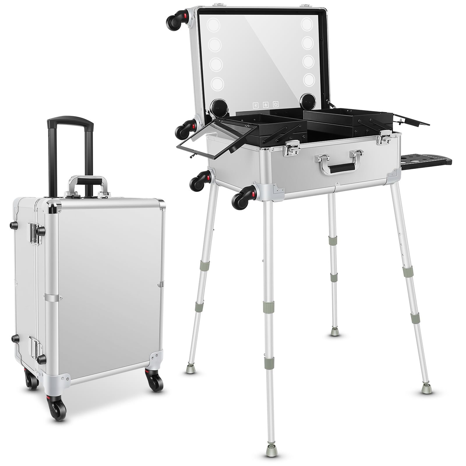 21'' Aluminum Trolley Makeup Train Case with 8 LED Lights, Stand Mirror