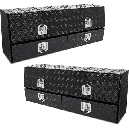 Aluminum Truck Side Mount Tool Box 2 Pack, Heavy-Duty Contractor Top-sider Tool Box with Two Lower Drawers and Locking Door, Weather-Resistant Design, Black