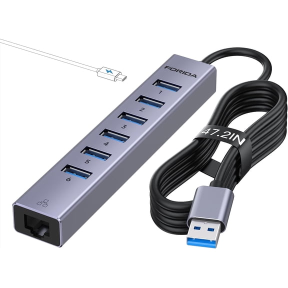 Aluminum USB to Ethernet Adapter with 7-Port Hub 3.9ft Long Cable, Gigabit Port, 5V/3A Power Port | Extender Compatible Windows, macOS, Linux & More