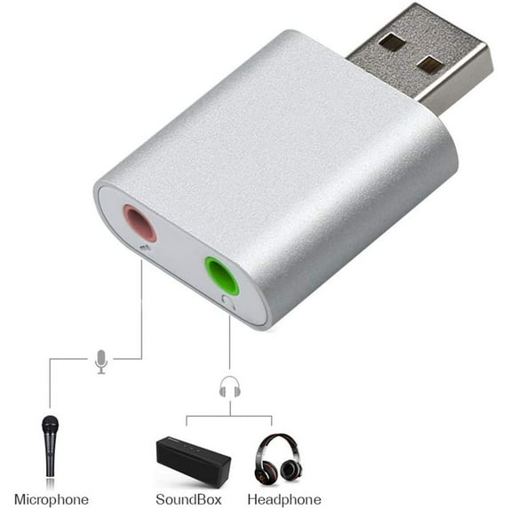 Aluminum USB External Stereo Sound Adapter, USB Audio Adapter External Stereo Sound Card with 3.5mm Headphone, Virtual 7.1 Microphone Converter for Windows,Mac,PC,Laptops,Desktops,PS4-Silver