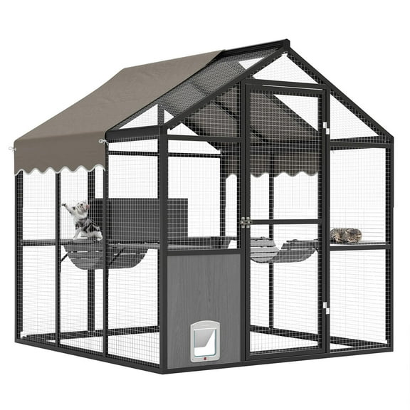Aluminum Walk-In Large Outdoor Cat Enclosure,Large Outdoor Catio for Multiple Cats,Outside Cattery with Weatherproof Roof with Channels,Side Door,UV Proof Cover,Huge Condo,Platform(ship in 2 boxes)