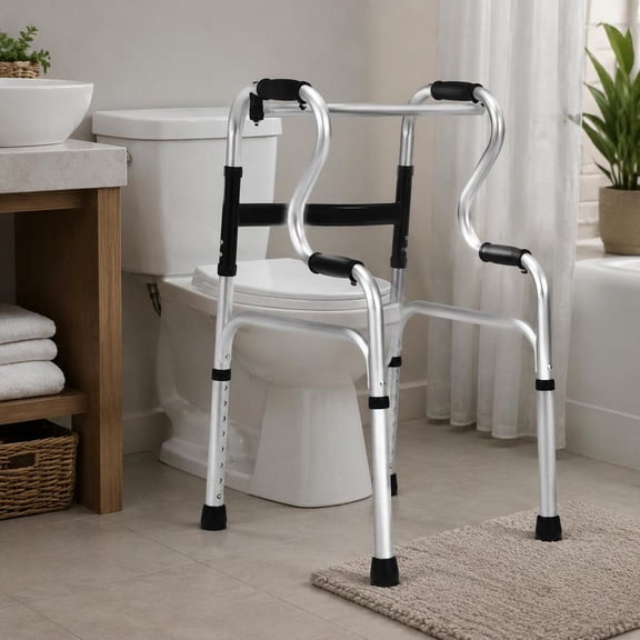 Aluminum Walking Frame Walker, One-Button Folding, 8-Level Height Adjustable, Non-Slip Foot Pad