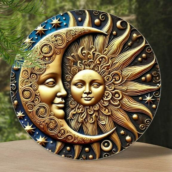 [Aluminum Wall Decor for Home] Sun and Moon Wreath Emblem 8x8 Inch Round Metal Sign, Aluminum Wall Art for Home and Office Decor, Ideal for Living Room, Bar, Cafe - Pack of 1