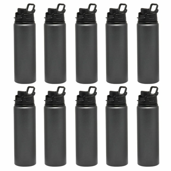 Aluminum Water Bottles with Snap Lids 25 oz. Set of 10, Bulk Pack - Reusable, Great for Gym, Hiking, Cycling, For School - Charcoal