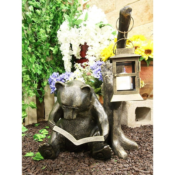 Aluminum Whimsical Bookworm Bear Reading By Forest Tree Garden Lantern Statue