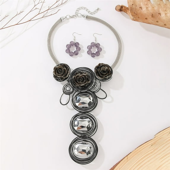 Aluminum Wire Chunky Statement Crystal Stone Necklace and Earring Set For Women Tribal Fashion Costume Jewelry Earring Sets Unique Colorful Big Rhinestone Crystal Pendent Collar Choker