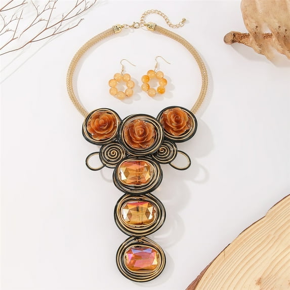 Aluminum Wire Chunky Statement Crystal Stone Necklace and Earring Set For Women Tribal Fashion Costume Jewelry Earring Sets Unique Colorful Big Rhinestone Crystal Pendent Collar Choker