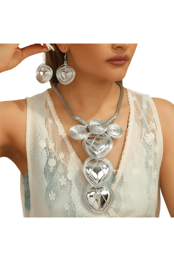 Aluminum Wire Chunky Statement Heart Pendent Necklace and Earring Set For Women Tribal Fashion Costume Jewelry Earring Sets Unique Colorful Big CCB Heart Pendent Collar Choker