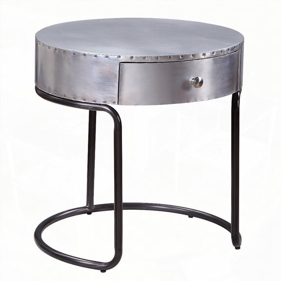 Aluminum and Black Storage End Table with Industrial Charm and Durability
