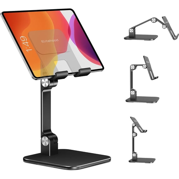Aluminum iPad Stand for Desk [Ultra-Stable & Sturdy], Height Adjustable Tablet Stand, Portable Tablet Holder Dock for Home Office, Compatible with iPad Pro 12.9, iPad Air Mini 6 5 4 3, Black