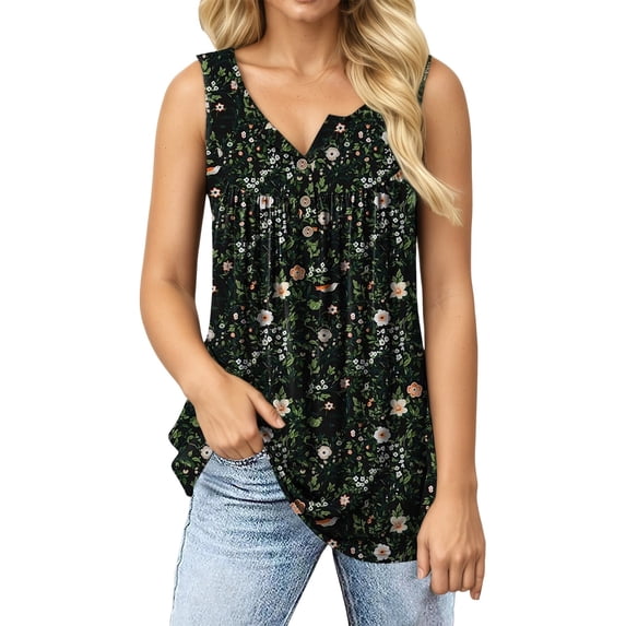 Alun 2026 Womens Summer Floral Tank Tops Button up Front Ruffle Lightweight Flowy Camisole Ladies Plus Size Fashion Print Sleeveless Loose Comfort Fit Casual Blouse Black XL
