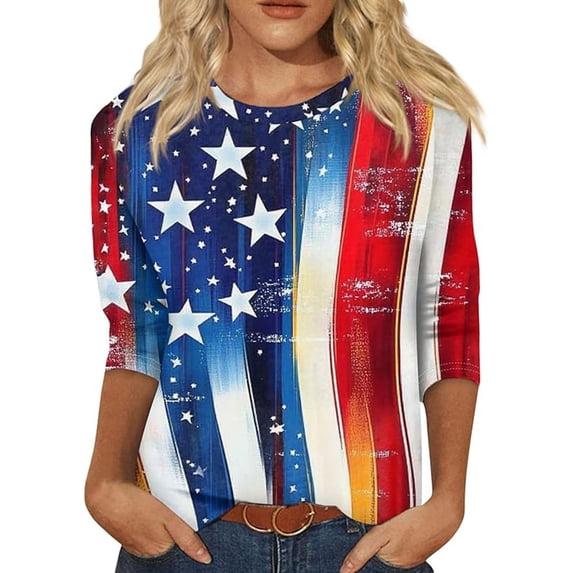 Alun 3/4 Length Sleeve Womens T Shirts 4th of July USA Flag Print Crewneck Independence Day Celebration Tops Causal Soft Comfy Slim Fit T-Shirt 2026 Spring Summer Clothing 10-Red M