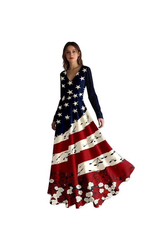 4th of July Maxi Dresses for Women 250th Anniversary America Flag Print V-Neck Long Sleeve Holiday Dress Patriotic Independence Day Slim Fit Flowy Swing Hem Dresses 7-Red XL