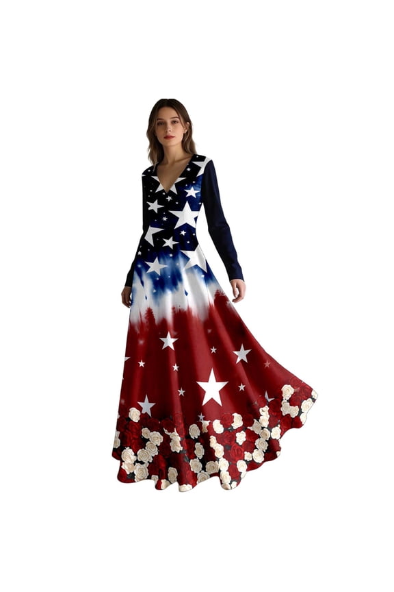 4th of July Maxi Dresses for Women 250th Anniversary America Flag Print V-Neck Long Sleeve Holiday Dress Patriotic Independence Day Slim Fit Flowy Swing Hem Dresses 4-Red M