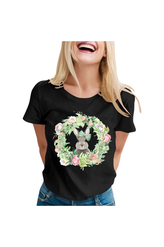 Bunny T Shirts for Women Cute Easter T-Shirt Funny Rabbit with Bow & Floral Wreath Print Holiday Casual Short Sleeve Tops Crewneck Classic Fit Short Sleeve Tees Black L