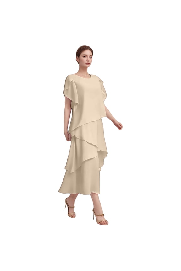 Chiffon Mother of the Bride Dresses for Wedding Guest Tea Length Tiered Formal Evening Gowns with Sleeves Loose Crewneck Short Sleeve Elegant Maxi Dress Beige XL