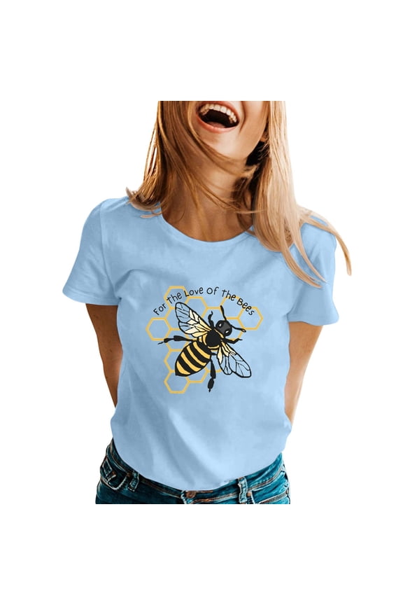 Cute Honeybee Graphic T Shirts Round Neck Soft Comfort Fit Short Sleeve Tee Shirts for the Love of the Bees Fashion Letter Printed Summer Ladies Tops Blue L
