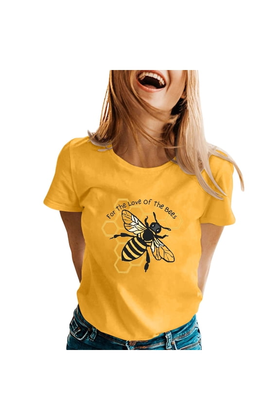 Cute Honeybee Graphic T Shirts Round Neck Soft Comfort Fit Short Sleeve Tee Shirts for the Love of the Bees Fashion Letter Printed Summer Ladies Tops Yellow XL
