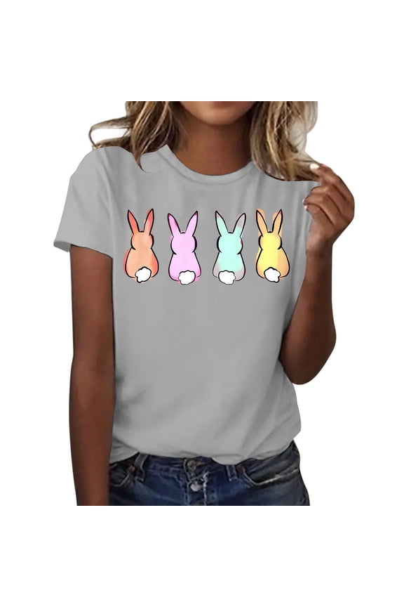 Cute Rabbit Graphic T Shirts Women's Casual Round Neck Short Sleeve Tee Top Soft Comfortable Daily Wear Happy Easter Stylish Celebration Blouse for Ladies Light Gray S