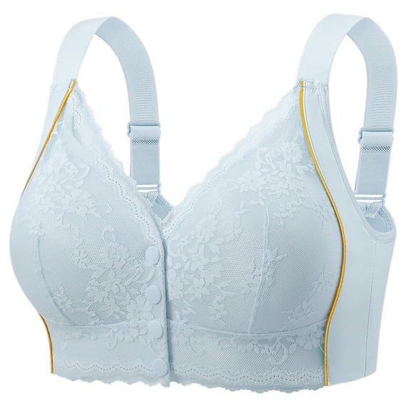 Alun Daisy Front Snap Bras for Older Women Plus Size Sides Support Push up Full Coverage Bralettes for Senior Soft Thin Cup No Underwire Comfortable T-Shirt Bra Blue 46
