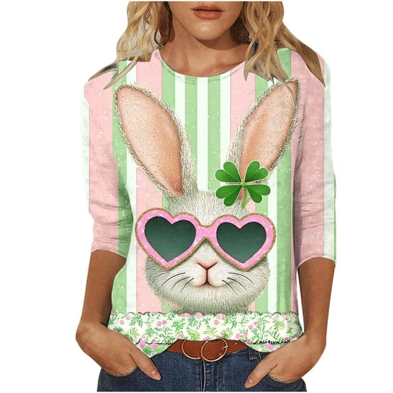 Alun Easter Graphic Print Casual Loose Fit 3/4 Sleeve T Shirts Womens Soft Breathable Round Neck Top for Happy Easter Celebration Plus Size Soft Comfort Spring Tees 22-Light Green XL