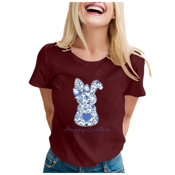 Alun Easter T Shirts for Women Cute Bunny Short Sleeve Tshirt Floral Rabbit Easter Festival Outfit Spring and Summer Soft Comfort Holiday Graphic Tee Tops 1- M