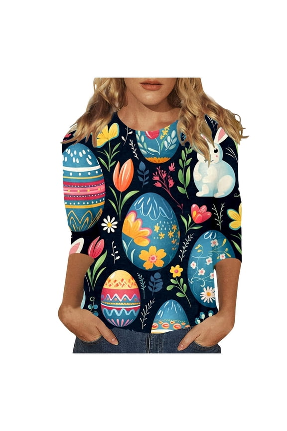 Easter T Shirts for Women Funny Easter Egg Graphic Tees 3/4 Length Sleeve Cute Rabbit Pattern Tops Ladies Crewneck Four Thirds Sleeved Loose Cozy Spring T-Shirts 4-Black XXL