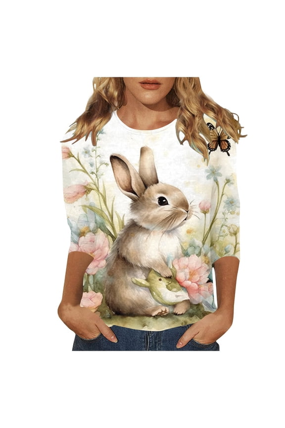 Easter T Shirts for Women Funny Easter Egg Graphic Tees 3/4 Length Sleeve Cute Rabbit Pattern Tops Ladies Crewneck Four Thirds Sleeved Loose Cozy Spring T-Shirts 7-White XXL