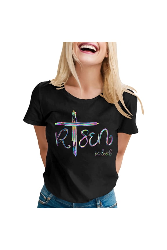 Easter T Shirts for Women He Is Risen T-Shirt Crewneck Short Sleeve Easter Gift Bible Verse Tee Tops Ladies Casual Letter Print Festival Stylish Outfit Black XXXL