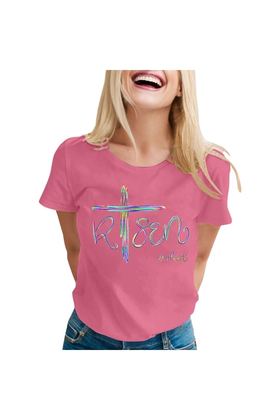 Easter T Shirts for Women He Is Risen T-Shirt Crewneck Short Sleeve Easter Gift Bible Verse Tee Tops Ladies Casual Letter Print Festival Stylish Outfit Pink L