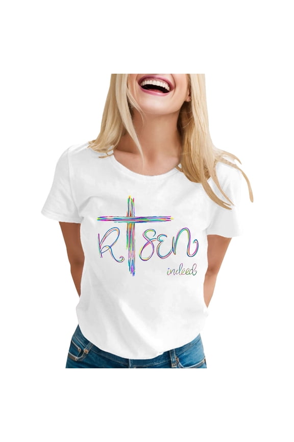 Easter T Shirts for Women He Is Risen T-Shirt Crewneck Short Sleeve Easter Gift Bible Verse Tee Tops Ladies Casual Letter Print Festival Stylish Outfit White L