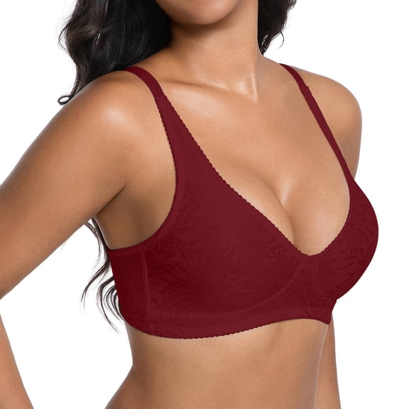 Alun Elegant Jacquard Bras for Women No Underwire Wave Deep V-Neck Push up Wireless Seamless Bras Full Coverage Lightweight Breathable Bralettes Everyday Wear M