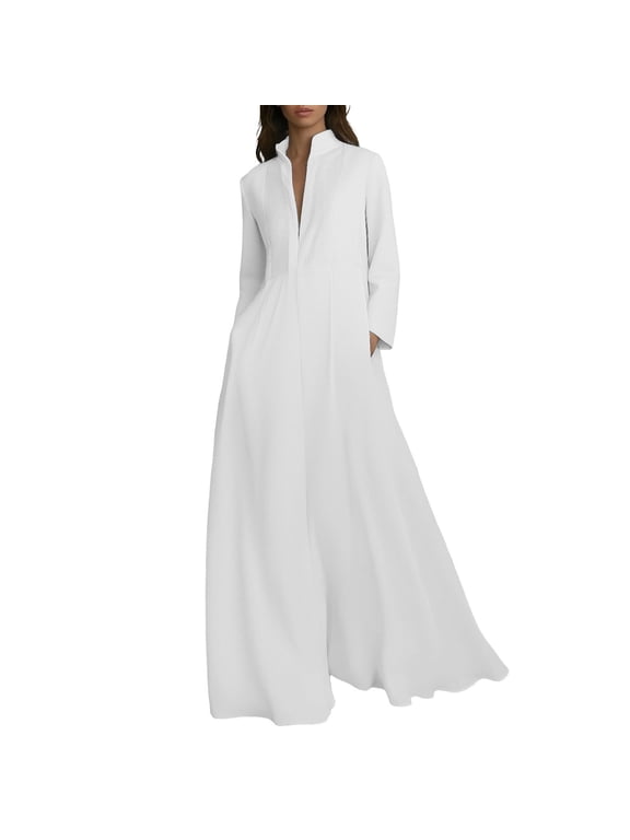 Elegant Waist Defining Long Sleeve Maxi Dress with Pleated Waisted and Pockets Stand-Up Collar Solid Color Loose Comfortable Flowy Swing Beach Vacation Dresses White M