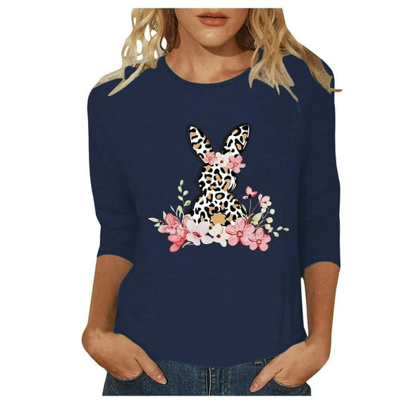 Alun Fashion Leopard Bunny Easter's Day T Shirts for Women Crewneck 3/4 Sleeve Casual Tops Cute Rabbit Graphic Easter Gift Tees Soft Comfortable Spring Outfit Navy L