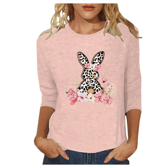 Alun Fashion Leopard Bunny Easter's Day T Shirts for Women Crewneck 3/4 Sleeve Casual Tops Cute Rabbit Graphic Easter Gift Tees Soft Comfortable Spring Outfit Pink L