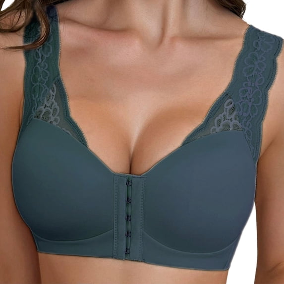 Alun Front Closure Bras for Women Lace Splicing Strap Comfortable Support Bra Push up No Underwire Bralettes Lightweight Breathable Everyday Wear Bras Blue XL