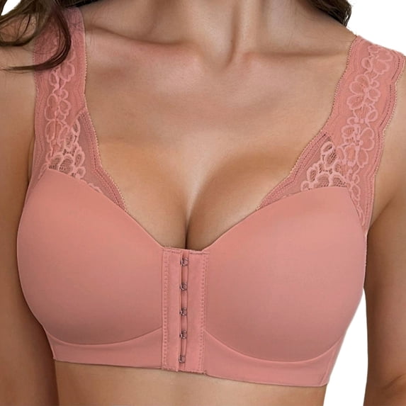 Alun Front Closure Bras for Women Lace Splicing Strap Comfortable Support Bra Push up No Underwire Bralettes Lightweight Breathable Everyday Wear Bras Pink L