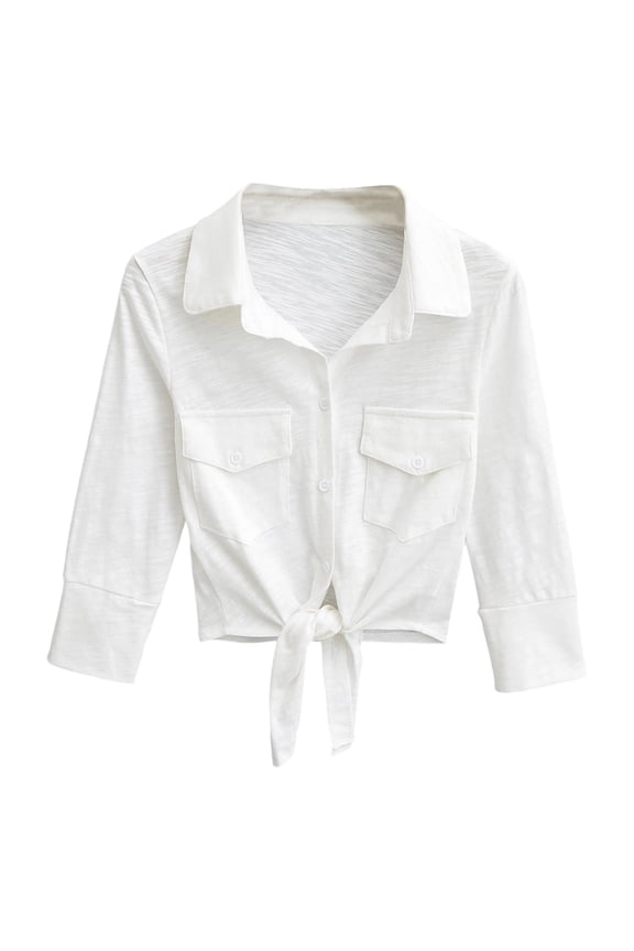 Going out Tops for Women Stylish Tie Front Button down Shirt V-Neck 3/4 Sleeve Cropped Blouses with Pockets Solid Color for Work Vacation Daily Wear White M