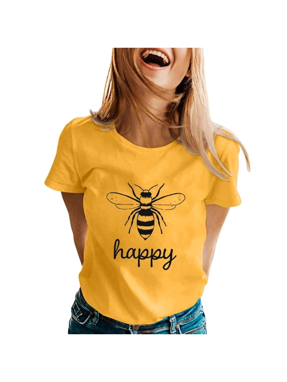 Happy Bees' Day Womens T Shirts Women Loose Comfortable Summer Classic Crewneck Short Sleeve Tees Soft Lightweight Cute Honeybee Graphic Festival Celebration Tops 2-Yellow XL