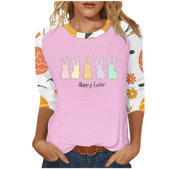 Alun Happy Easter Bunny Print 3/4 Sleeves T Shirts for Women 2026 Early Spring Stylish Clothes Loose Fit Soft Comfortable Splicing Printing Cute Festival Crewneck Top Pink XXL