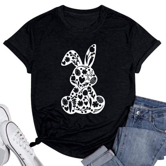Alun Happy Easter Graphic T Shirts for Holiday Festival Celebration Cute Bunny Rabbit Design Casual Comfortable Soft Tee 2026 Summer Casual Breathable Daily Wear Tops 1-Black M
